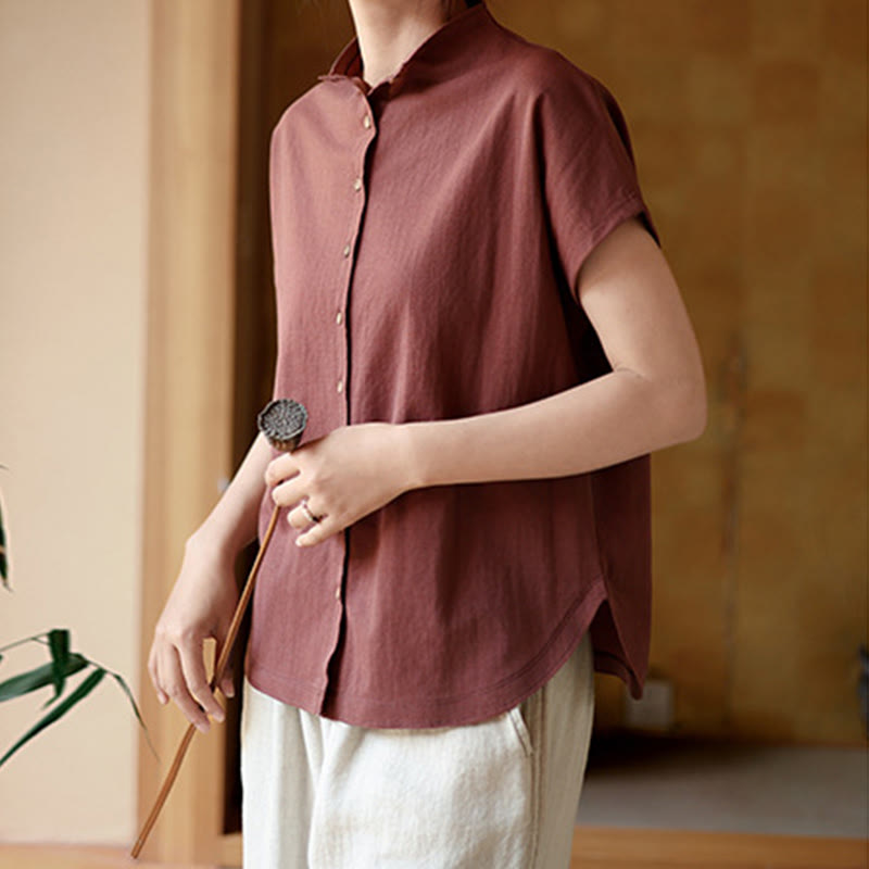 Vintage Buttons Design Stand Collar Cotton Short Sleeve Women's Shirt