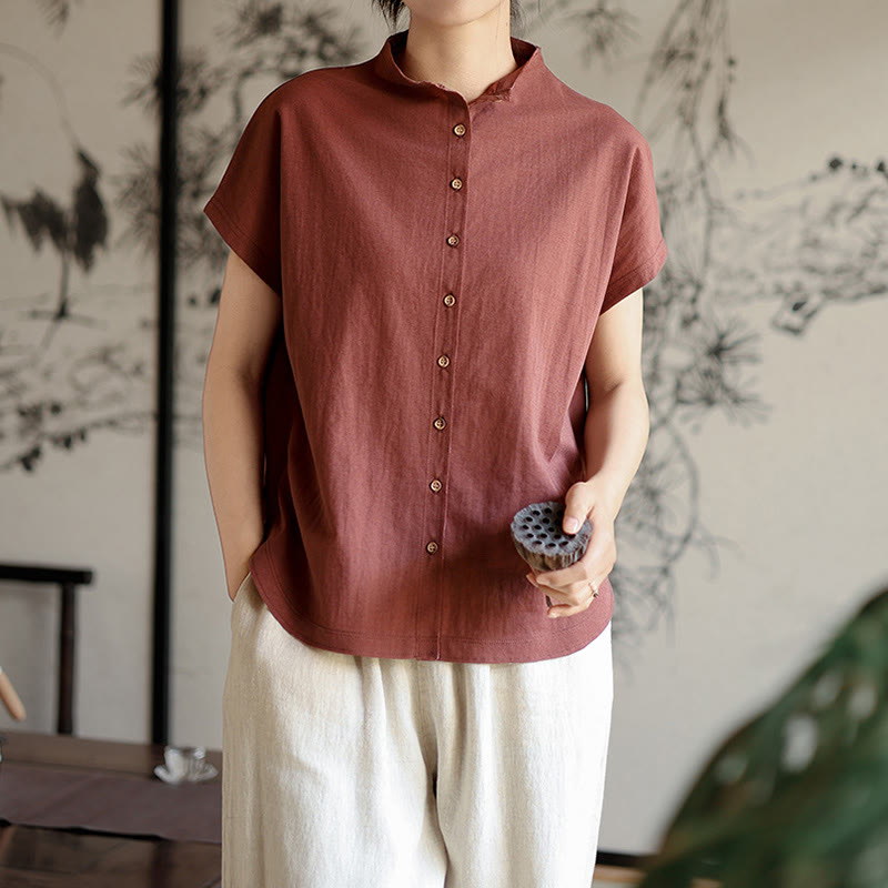 Vintage Buttons Design Stand Collar Cotton Short Sleeve Women's Shirt