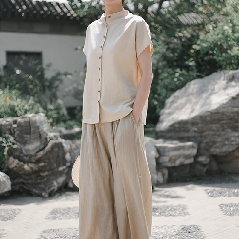 Vintage Buttons Design Stand Collar Cotton Short Sleeve Women's Shirt