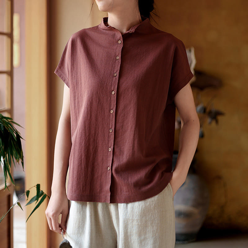 Vintage Buttons Design Stand Collar Cotton Short Sleeve Women's Shirt