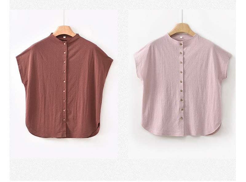 Vintage Buttons Design Stand Collar Cotton Short Sleeve Women's Shirt
