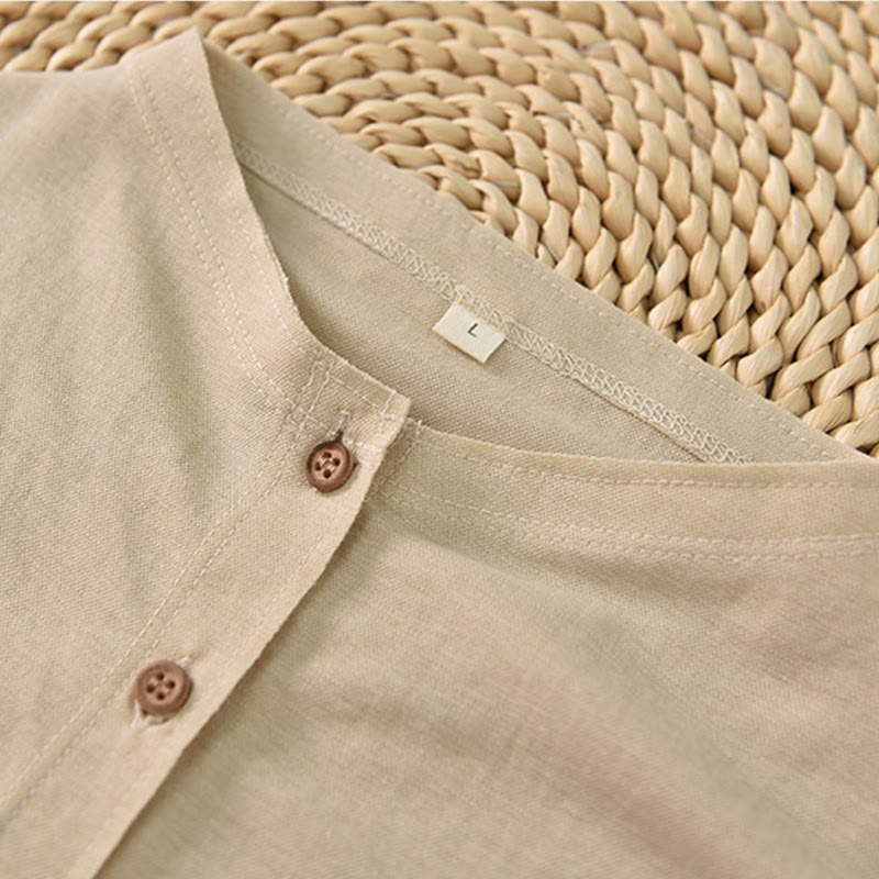 Vintage Buttons Design Stand Collar Cotton Short Sleeve Women's Shirt