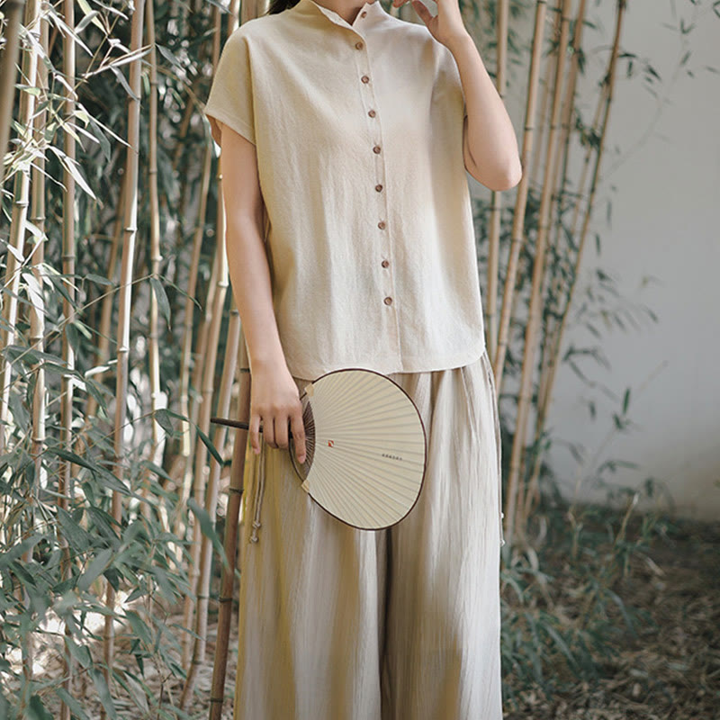 Vintage Buttons Design Stand Collar Cotton Short Sleeve Women's Shirt