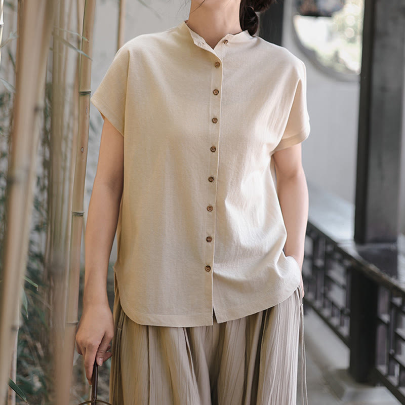 Vintage Buttons Design Stand Collar Cotton Short Sleeve Women's Shirt