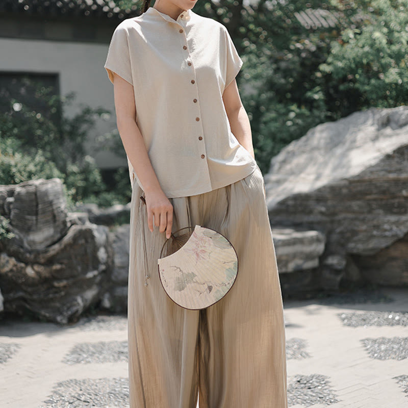 Vintage Buttons Design Stand Collar Cotton Short Sleeve Women's Shirt