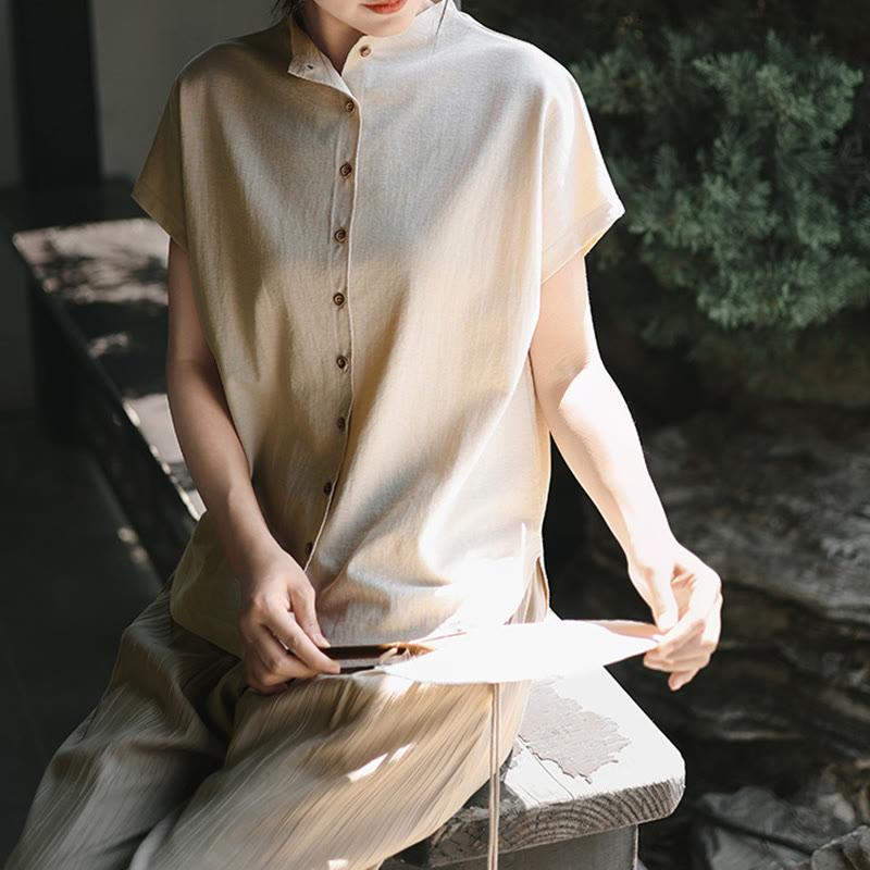 Vintage Buttons Design Stand Collar Cotton Short Sleeve Women's Shirt