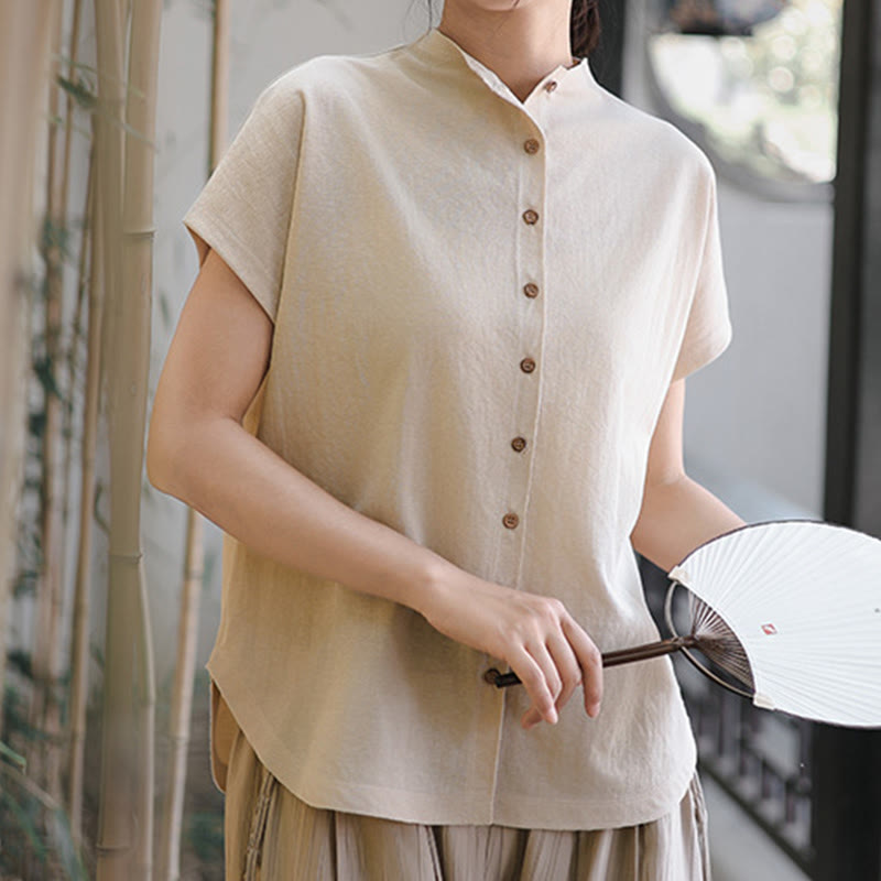 Vintage Buttons Design Stand Collar Cotton Short Sleeve Women's Shirt