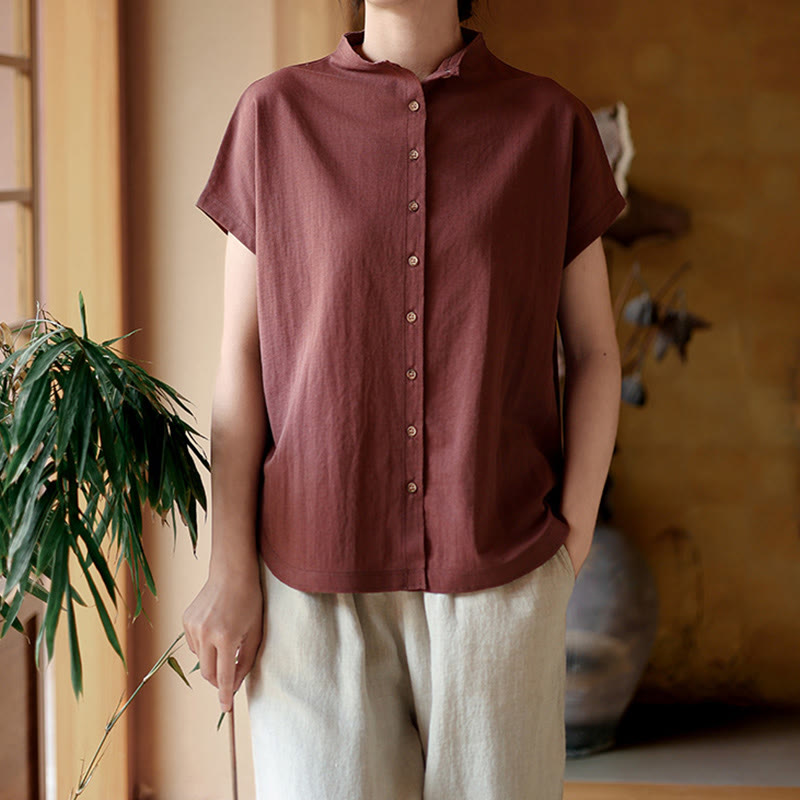 Vintage Buttons Design Stand Collar Cotton Short Sleeve Women's Shirt