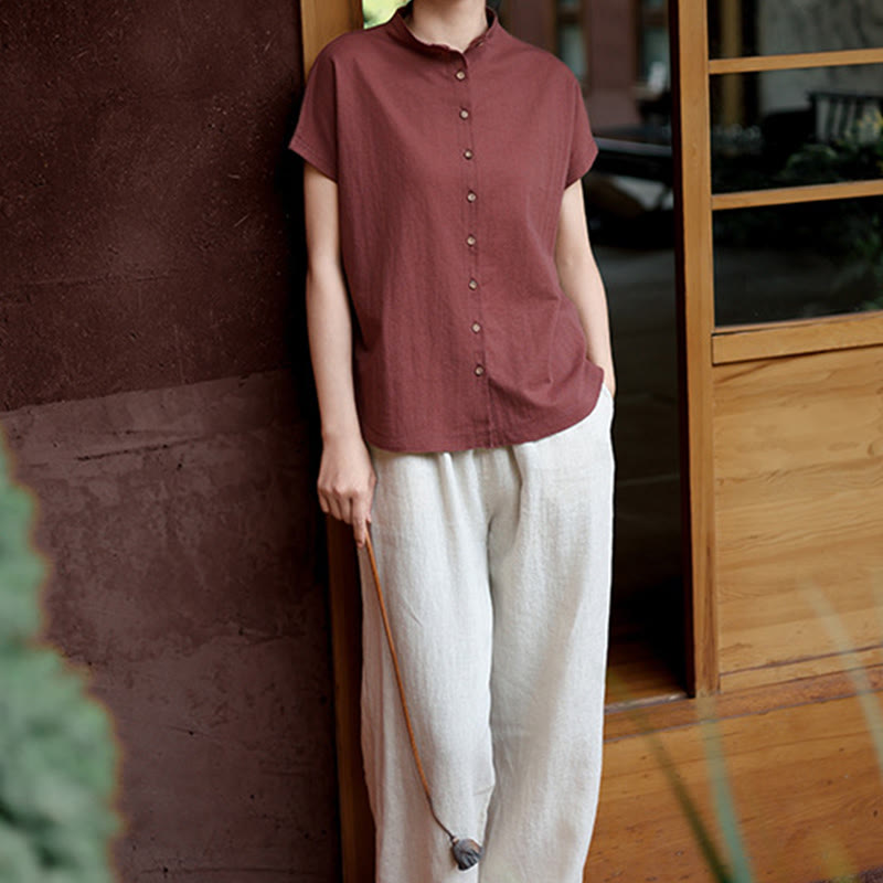 Vintage Buttons Design Stand Collar Cotton Short Sleeve Women's Shirt