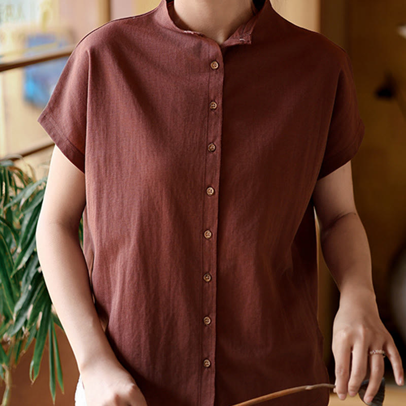 Vintage Buttons Design Stand Collar Cotton Short Sleeve Women's Shirt