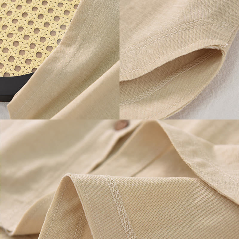 Vintage Buttons Design Stand Collar Cotton Short Sleeve Women's Shirt