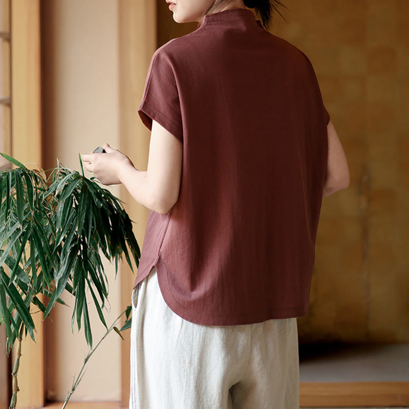 Vintage Buttons Design Stand Collar Cotton Short Sleeve Women's Shirt