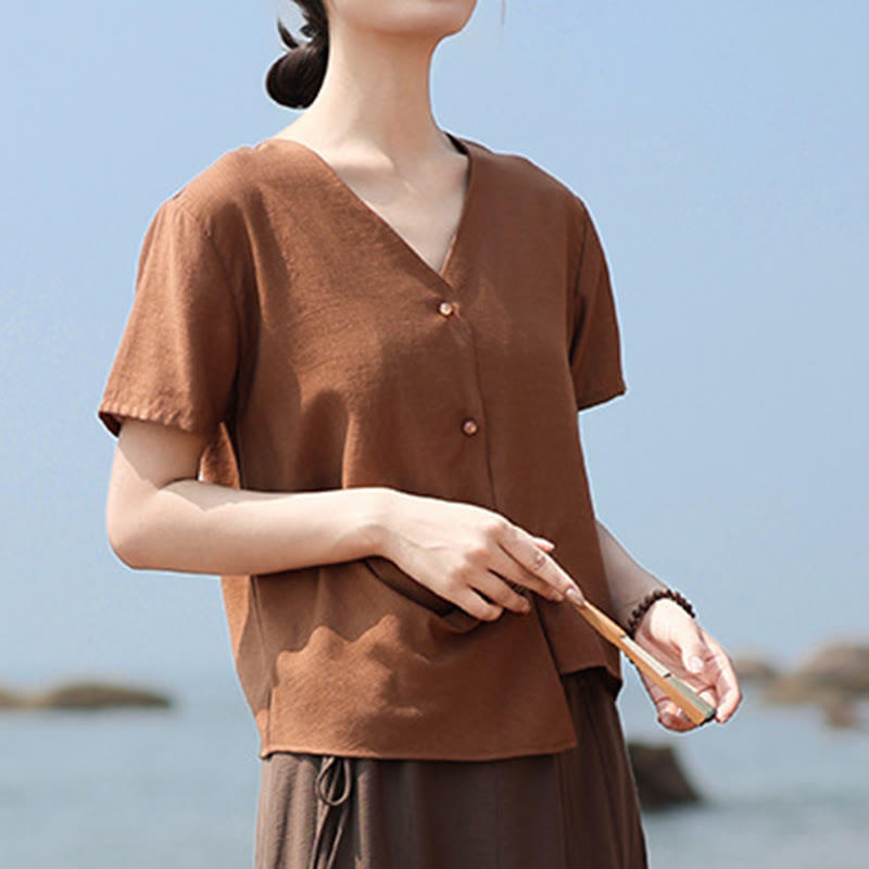 Tactile Cotton Linen Irregular V-Neck Mindful Shirt