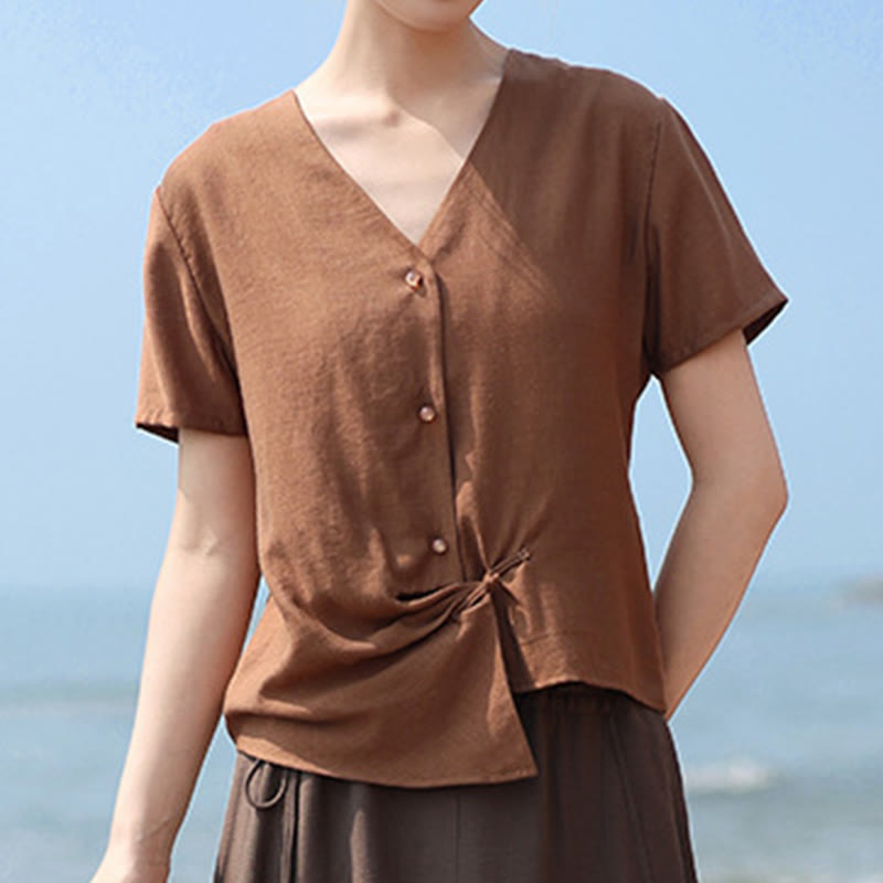 Tactile Cotton Linen Irregular V-Neck Mindful Shirt