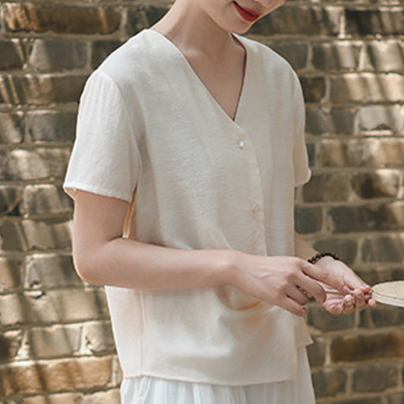 Tactile Cotton Linen Irregular V-Neck Mindful Shirt