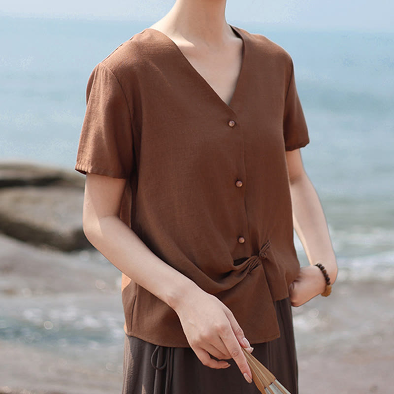 Tactile Cotton Linen Irregular V-Neck Mindful Shirt