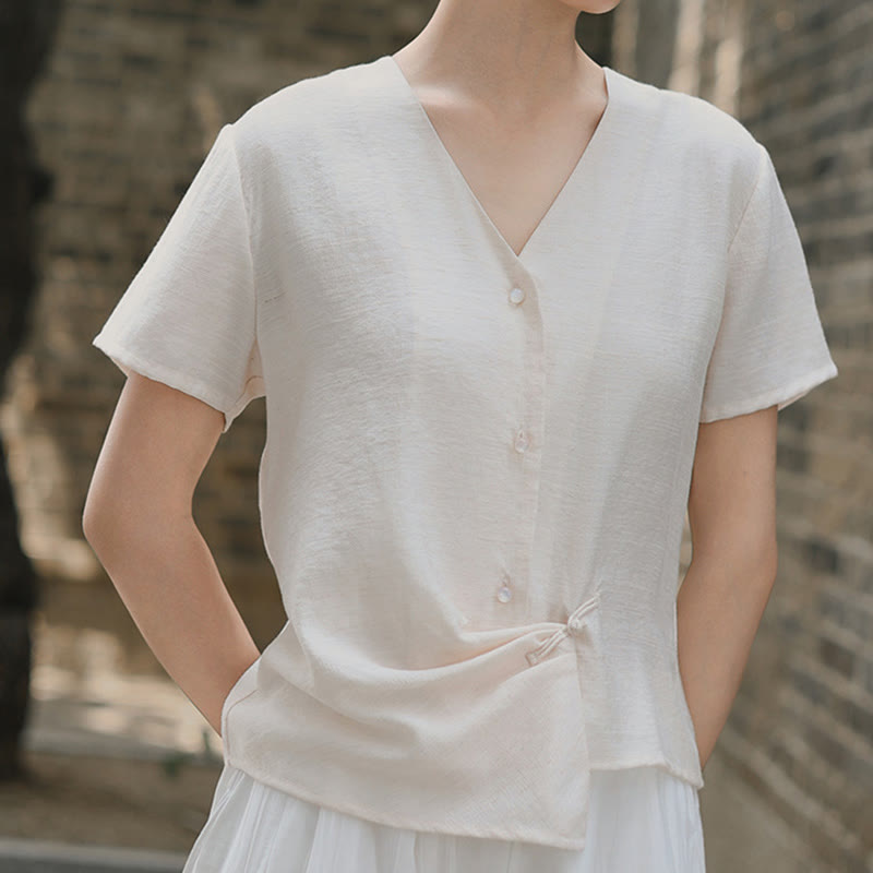 Tactile Cotton Linen Irregular V-Neck Mindful Shirt