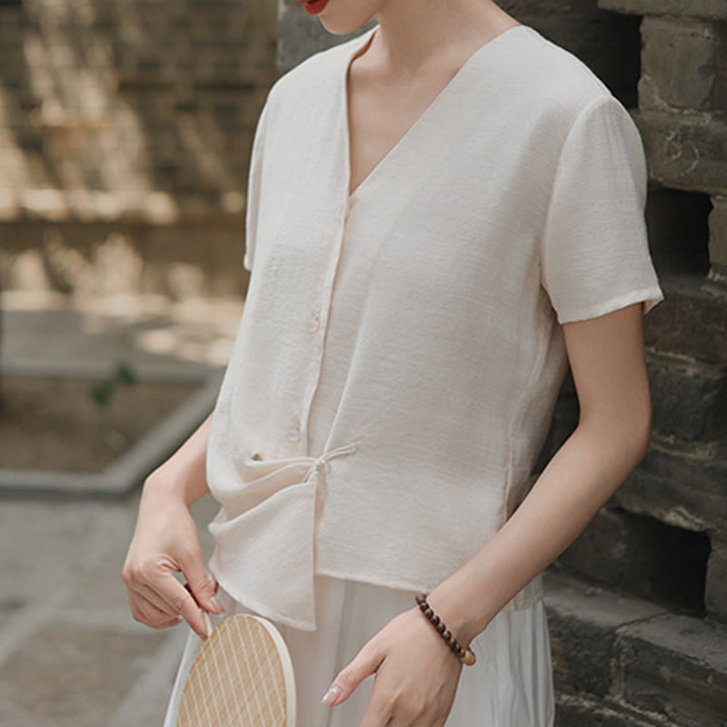 Tactile Cotton Linen Irregular V-Neck Mindful Shirt
