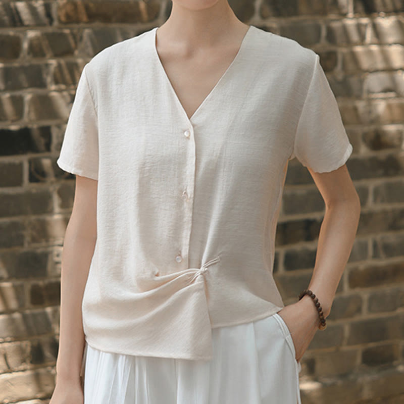 Tactile Cotton Linen Irregular V-Neck Mindful Shirt
