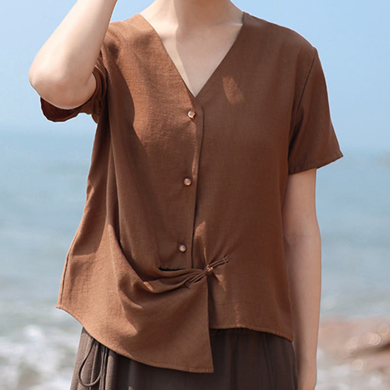 Tactile Cotton Linen Irregular V-Neck Mindful Shirt