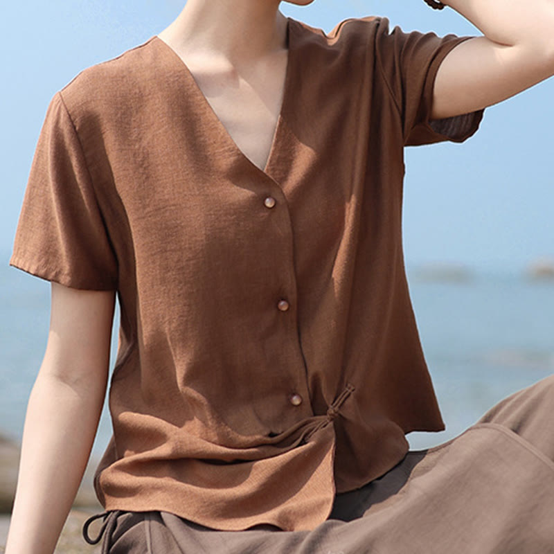Tactile Cotton Linen Irregular V-Neck Mindful Shirt