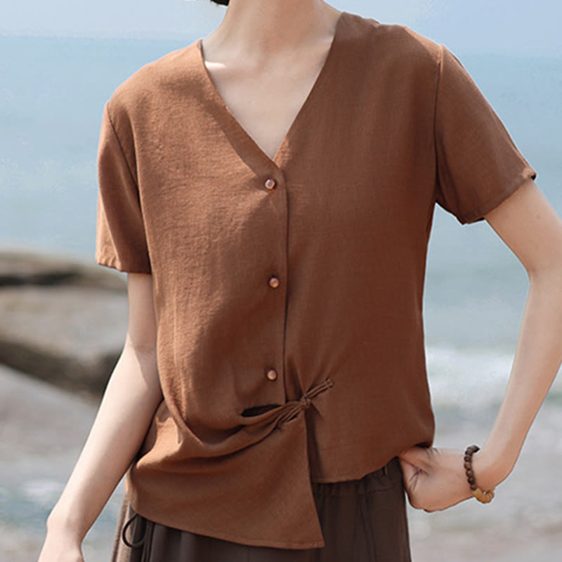Tactile Cotton Linen Irregular V-Neck Mindful Shirt