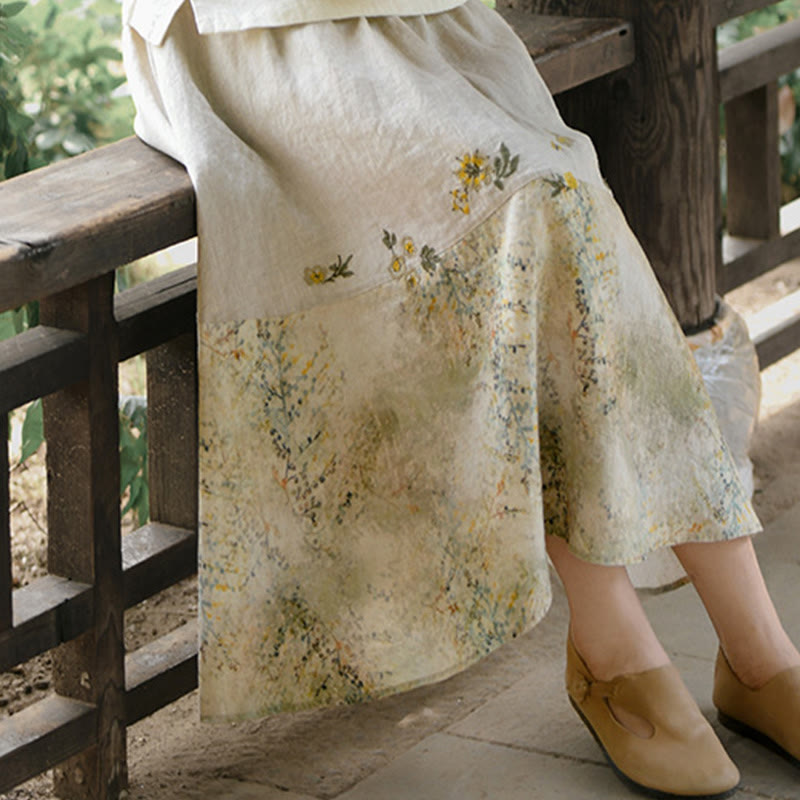 Vintage Printing Women's Linen 7-8 Length Skirt With Pockets