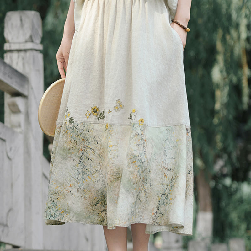 Vintage Printing Women's Linen 7-8 Length Skirt With Pockets