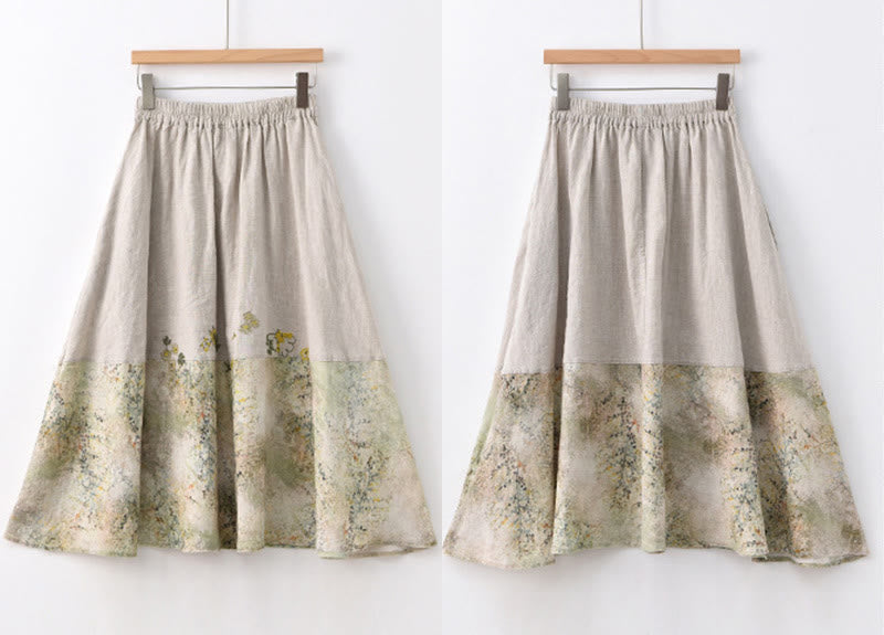 Vintage Printing Women's Linen 7-8 Length Skirt With Pockets
