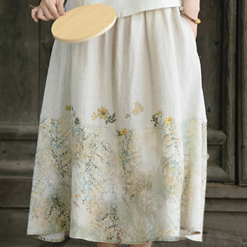 Vintage Printing Women's Linen 7-8 Length Skirt With Pockets