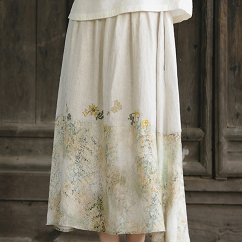 Vintage Printing Women's Linen 7-8 Length Skirt With Pockets