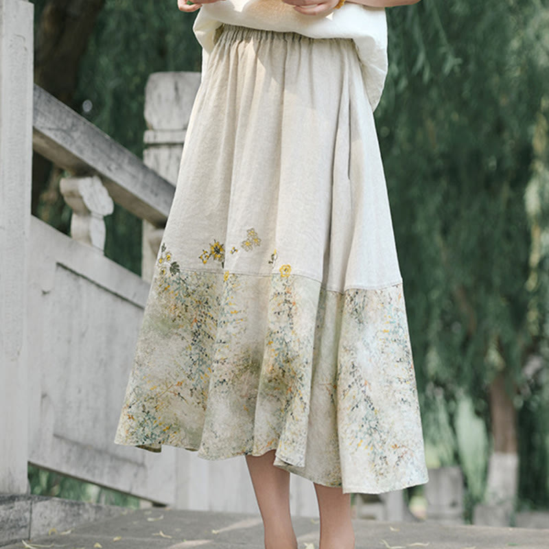 Vintage Printing Women's Linen 7-8 Length Skirt With Pockets