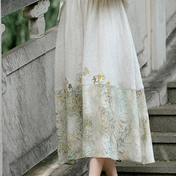 Vintage Printing Women's Linen 7-8 Length Skirt With Pockets