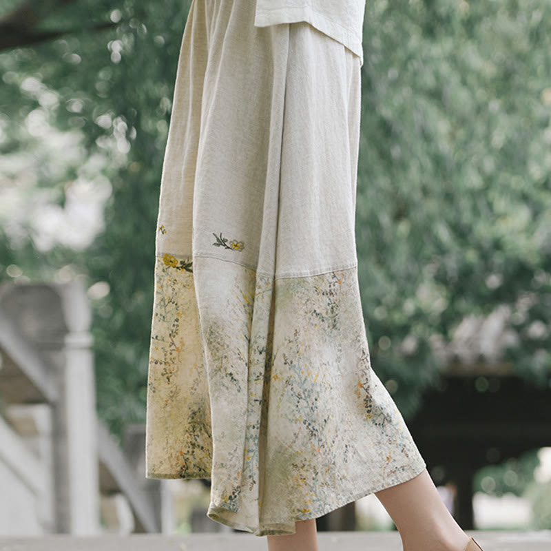 Vintage Printing Women's Linen 7-8 Length Skirt With Pockets