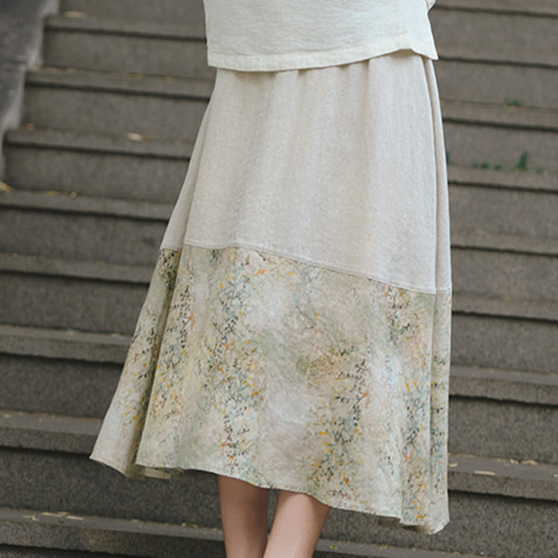 Vintage Printing Women's Linen 7-8 Length Skirt With Pockets