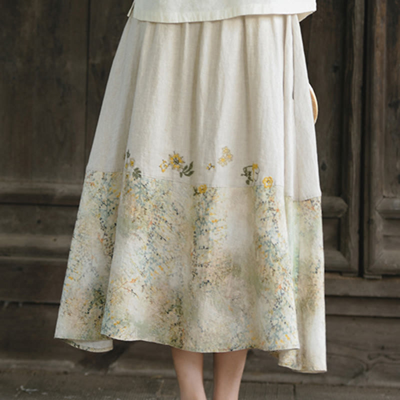 Vintage Printing Women's Linen 7-8 Length Skirt With Pockets