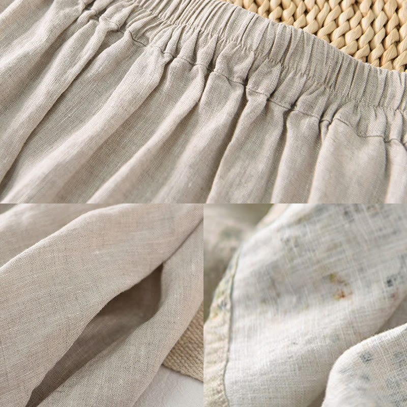 Vintage Printing Women's Linen 7-8 Length Skirt With Pockets