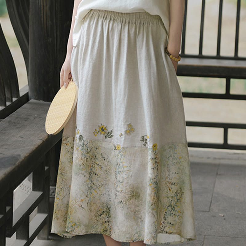 Vintage Printing Women's Linen 7-8 Length Skirt With Pockets