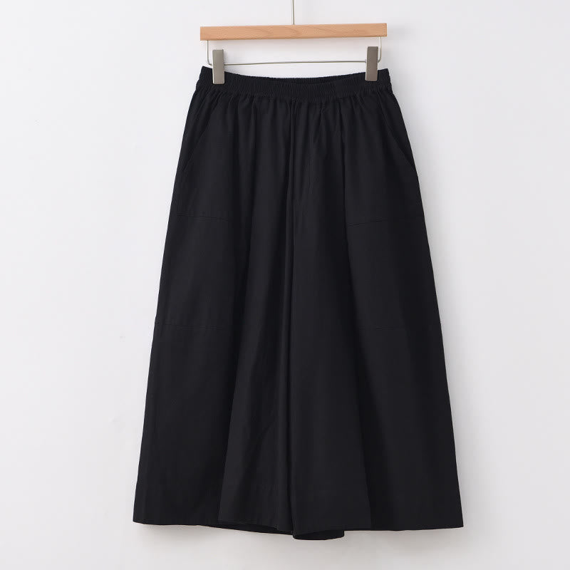 Casual Plain Cotton High Waist Women's Wide Leg Capri Cropped Pants With Pockets