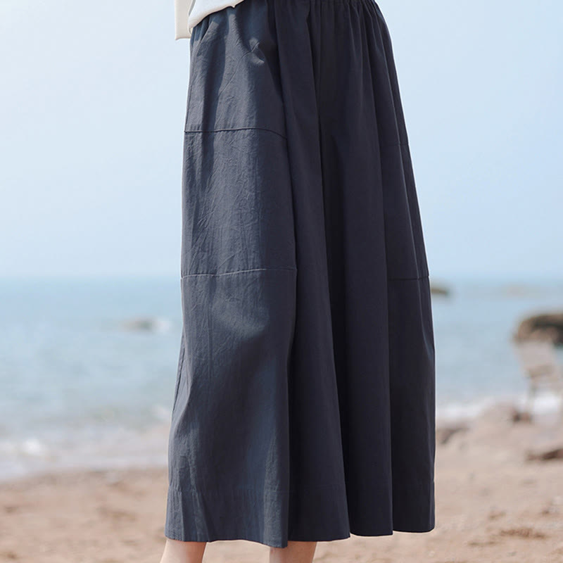 Casual Plain Cotton High Waist Women's Wide Leg Capri Cropped Pants With Pockets