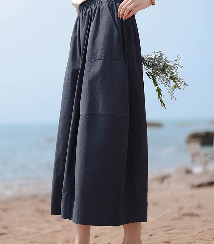 Casual Plain Cotton High Waist Women's Wide Leg Capri Cropped Pants With Pockets