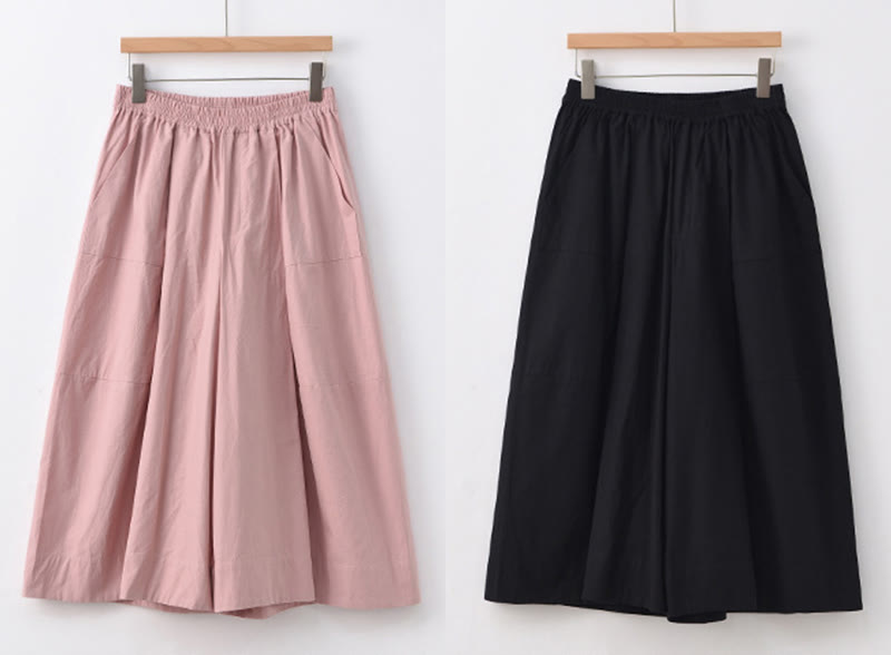 Casual Plain Cotton High Waist Women's Wide Leg Capri Cropped Pants With Pockets