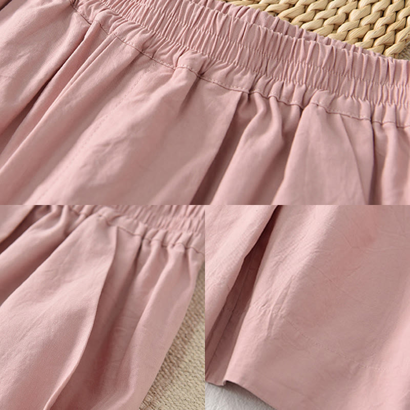 Casual Plain Cotton High Waist Women's Wide Leg Capri Cropped Pants With Pockets