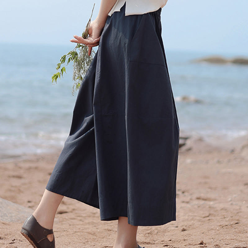 Casual Plain Cotton High Waist Women's Wide Leg Capri Cropped Pants With Pockets