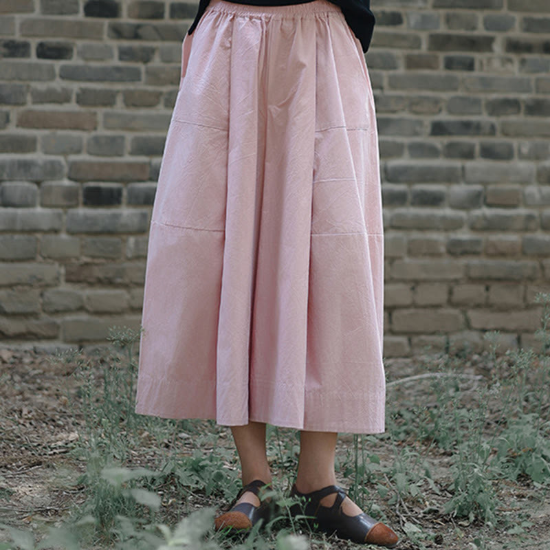 Casual Plain Cotton High Waist Women's Wide Leg Capri Cropped Pants With Pockets