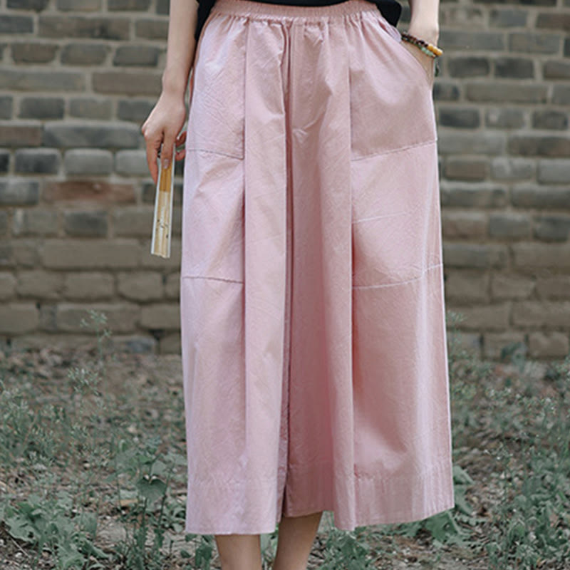 Casual Plain Cotton High Waist Women's Wide Leg Capri Cropped Pants With Pockets