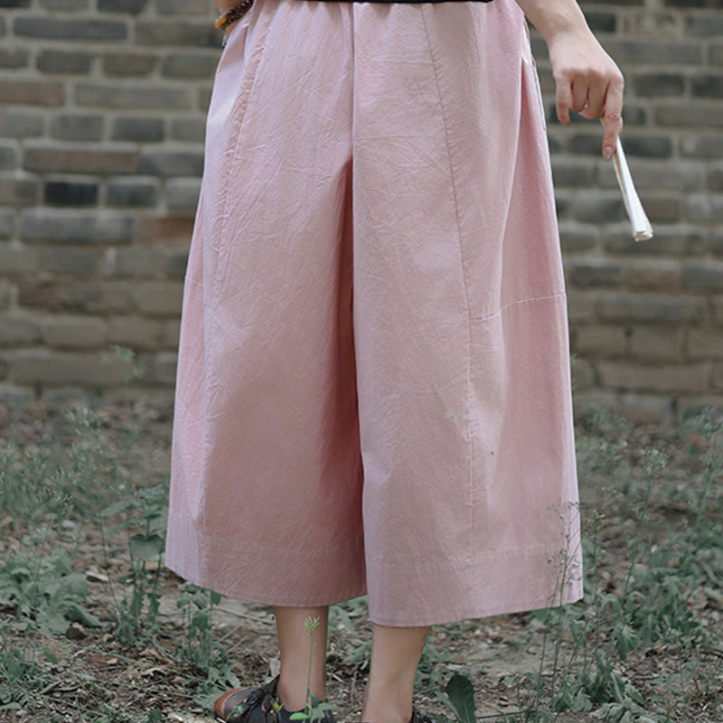 Casual Plain Cotton High Waist Women's Wide Leg Capri Cropped Pants With Pockets