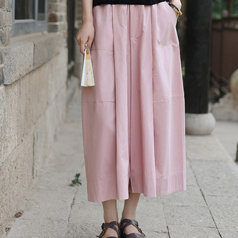 Casual Plain Cotton High Waist Women's Wide Leg Capri Cropped Pants With Pockets