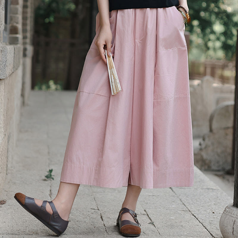 Casual Plain Cotton High Waist Women's Wide Leg Capri Cropped Pants With Pockets