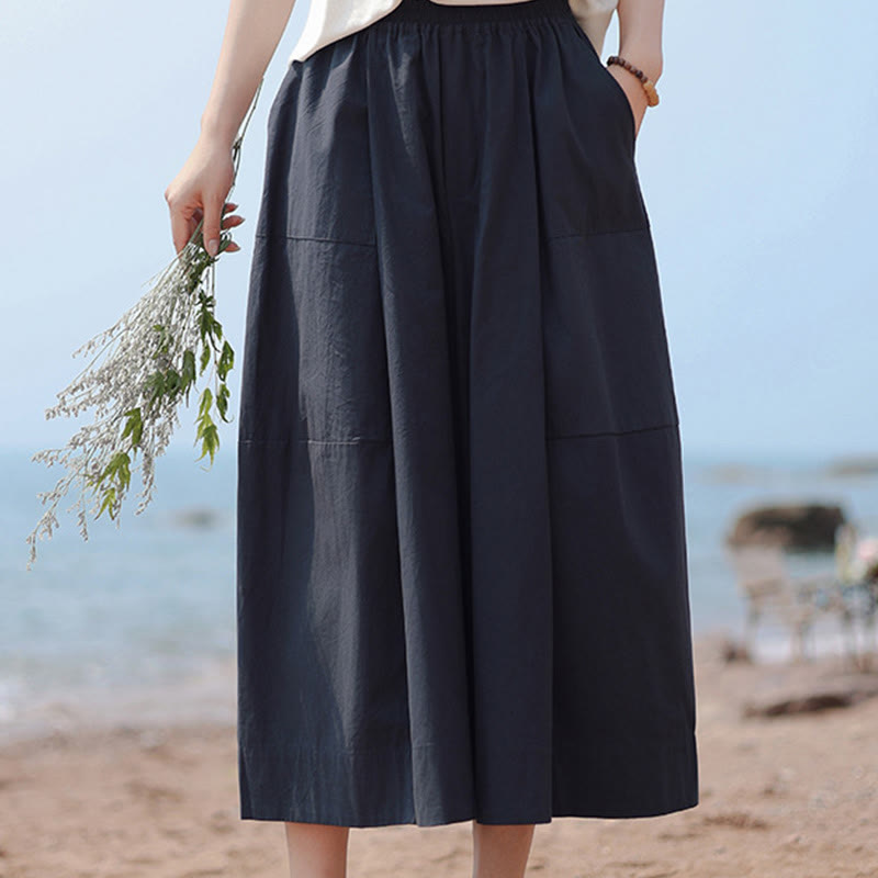 Casual Plain Cotton High Waist Women's Wide Leg Capri Cropped Pants With Pockets